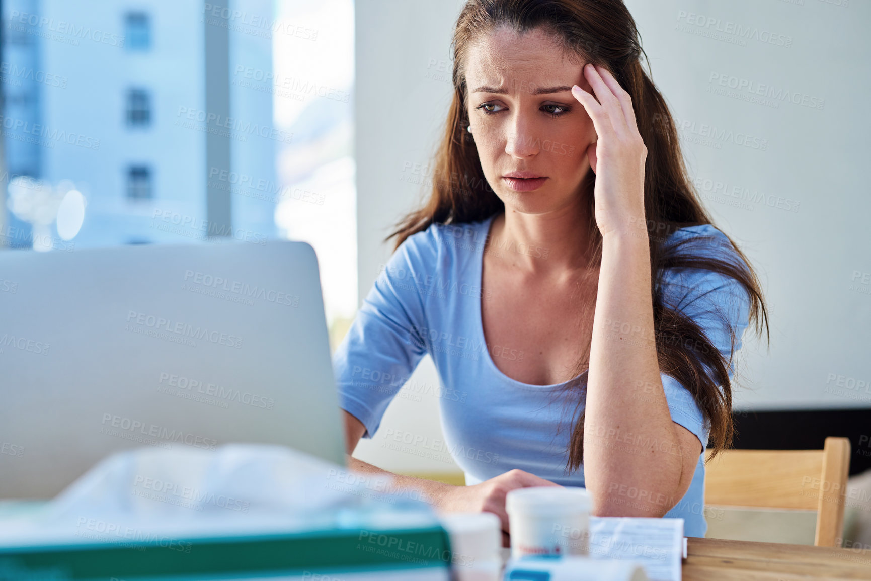 Buy stock photo Home, woman and laptop with stress on internet or online for research, illnes and results. Female person, worried and headache with medication or pills as prescription for sickness and information