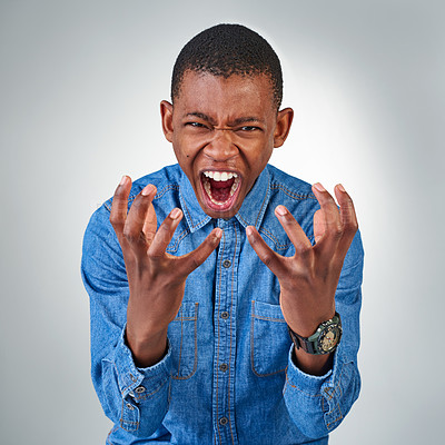 Buy stock photo Anger, frustration and portrait of black man in studio on gray background for accident or mistake. Burnout, mental health and stress with unhappy young employee or intern screaming for fail or loss