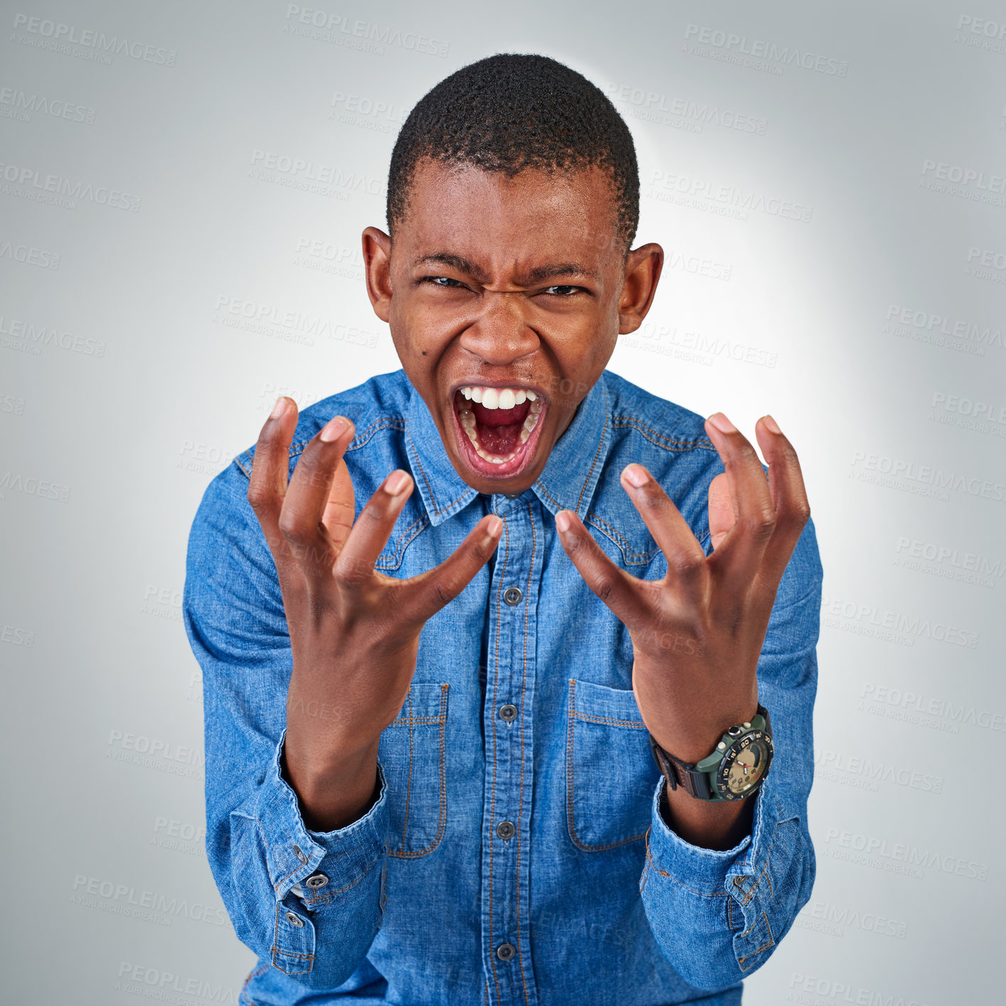 Buy stock photo Anger, frustration and portrait of young black man in studio on gray background for accident or mistake. Burnout, mental health and stress with unhappy young employee or intern screaming for fail