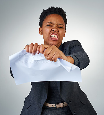 Buy stock photo Portrait, tear and business black woman with paper in studio on gray background for frustration. Anger, documents and mistake with unhappy young employee in suit for accident or corporate fail