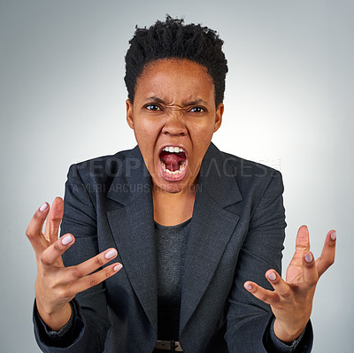 Buy stock photo Anger, frustrated and portrait of black woman in studio for screaming, problem and crazy. Mental health, rage and angry with face of female model on gray background for shouting, stress and upset