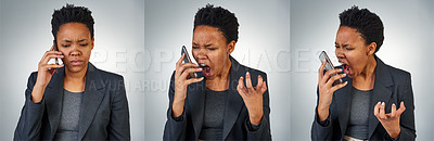 Buy stock photo Phone call, business collage and angry black woman screaming, stress or conflict isolated on a white studio background. Smartphone, shouting and professional in conversation, frustrated or montage