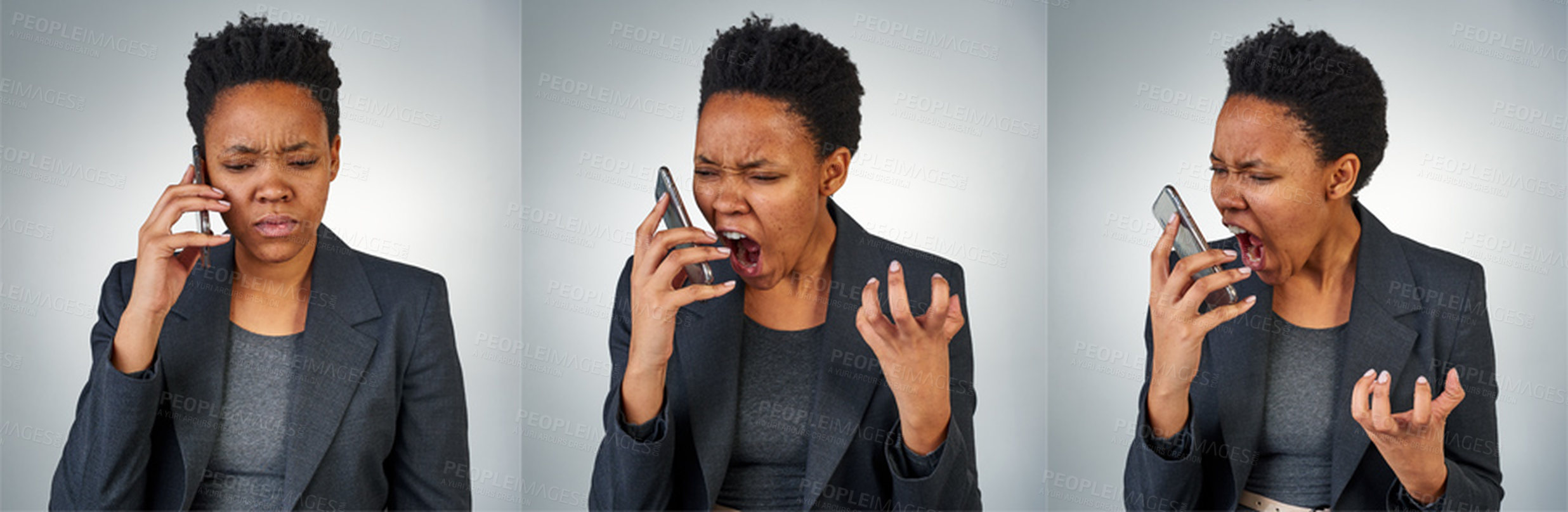 Buy stock photo Phone call, business collage and angry black woman screaming, stress or conflict isolated on a white studio background. Smartphone, shouting and professional in conversation, frustrated or montage