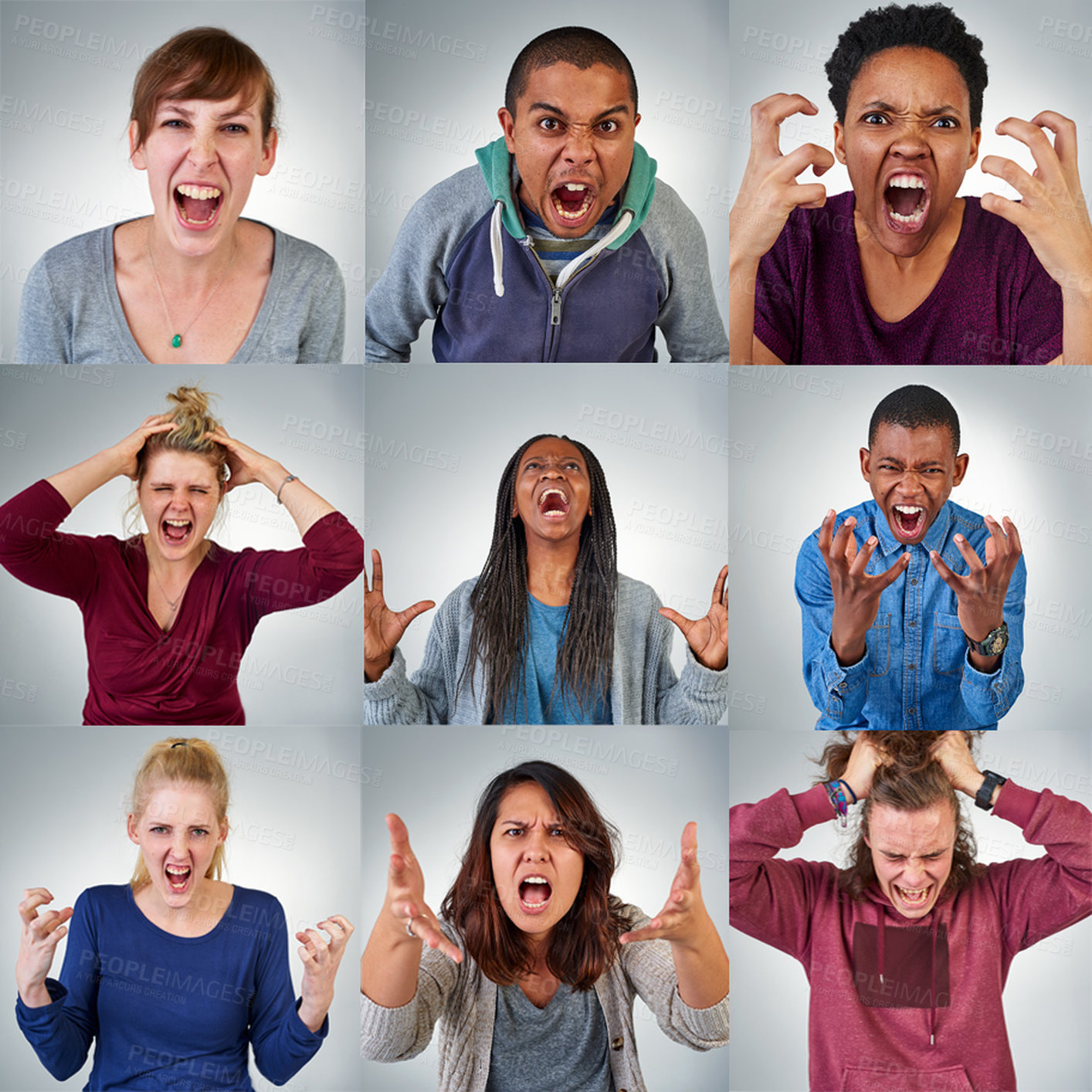 Buy stock photo Collage, frustrated and portrait of angry people with expression for anger, stress and furious on studio background. hands, problem and group for diversity with mental health issue, cross and emotion
