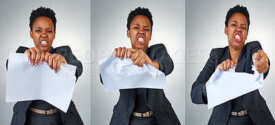 Buy stock photo Collage, studio and anger in business with woman, paper work or documents with frustrated employee. Burnout, frustrated and rage for stressed manager, mental health with worker in corporate workspace