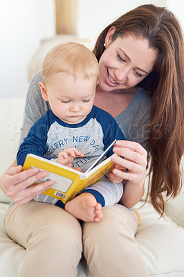 Buy stock photo Mother, child and book for development, growth and education in childhood as baby at home. Woman, toddler and play for learning, reading and support in living room for cognition, bonding or curiosity