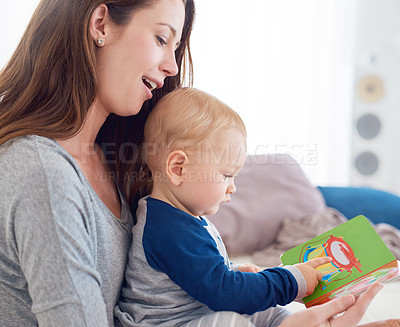 Buy stock photo Mom, baby and book for reading or storytelling for support, love and cute as toddler for growth and child development. Parent, kid and happiness at home with playing for bonding, childhood memories