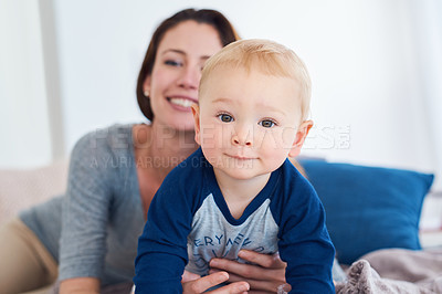 Buy stock photo Portrait of a mother bonding with her baby boy at home