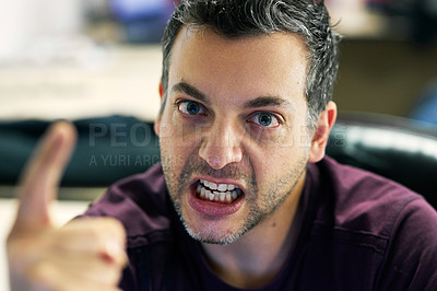 Buy stock photo Annoyed, man and finger in portrait for conflict, problem or aggression with hand gesture for final warning. Person, frustrated and cross screaming with attitude for anger, stress and caution