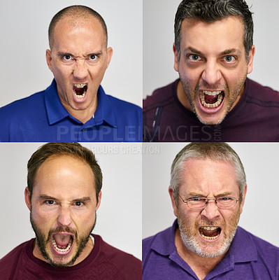 Buy stock photo Collage, frustrated and portrait of shouting men with expression for stress, angry and furious on studio background. Noise, screaming and group for rage with short temper issue, cross and emotion