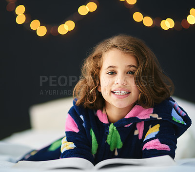 Buy stock photo Portrait, reading and girl in bed, relax and education with story time and peaceful with talent. Tradition, knowledge and home with child development or kid with book and creativity with fun or hobby
