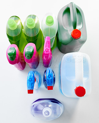 Buy stock photo Studio shot of various bottles of detergents against a grey background