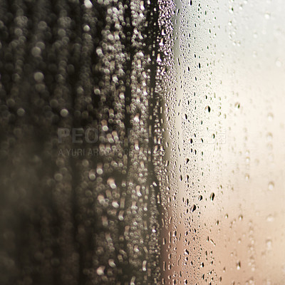 Buy stock photo Glass, water or raindrops with steam on surface, texture and wallpaper or screensaver with abstract. Moisture, humid or liquid bubble on window, condensation and droplet with fog or reflection