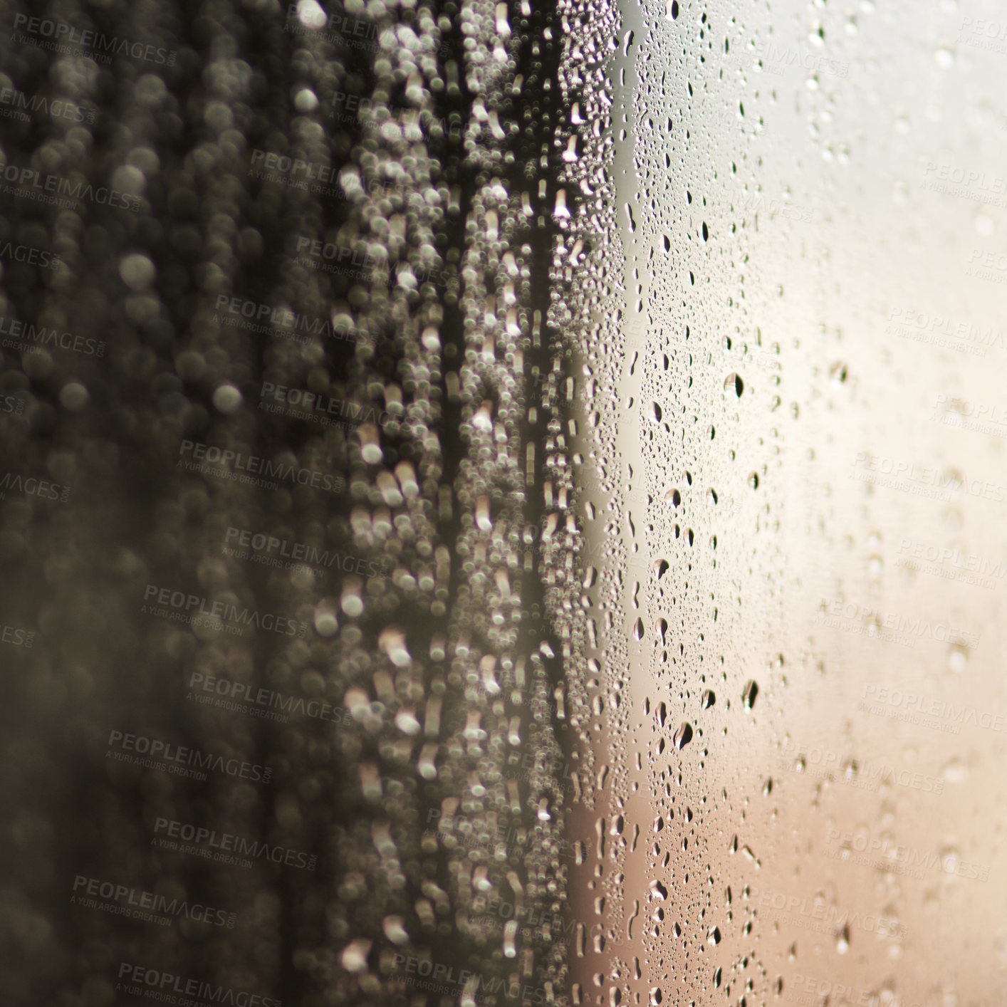 Buy stock photo Glass, water or raindrops with steam on surface, texture and wallpaper or screensaver with abstract. Moisture, humid or liquid bubble on window, condensation and droplet with fog or reflection