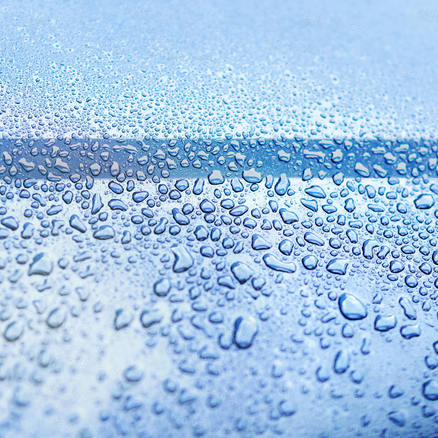 Buy stock photo Water, drops and wet on blue surface in nature for wallpaper, background and textures in environment. Rain, window and liquid on screen for cleaning, glass and close up of smooth exterior in shower