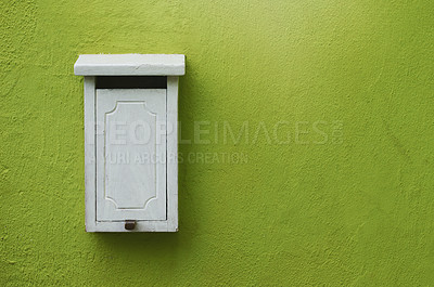 Buy stock photo Door, letter box and mail with wall, communication and notice for postal writing. Home, property and mortgage for document, service and information for rent or debt with house postcard and stamp