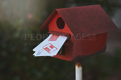 Buy stock photo Postcard, letters and mail with envelope, communication and notice for postal writing. Home, property and mortgage for document, service and information for rent or debt with house postbox and stamp