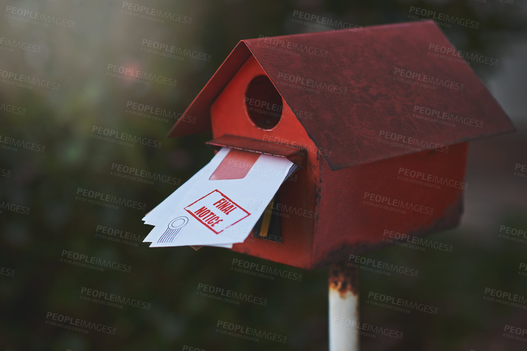 Buy stock photo Postcard, letters and mail with envelope, communication and notice for postal writing. Home, property and mortgage for document, service and information for rent or debt with house postbox and stamp