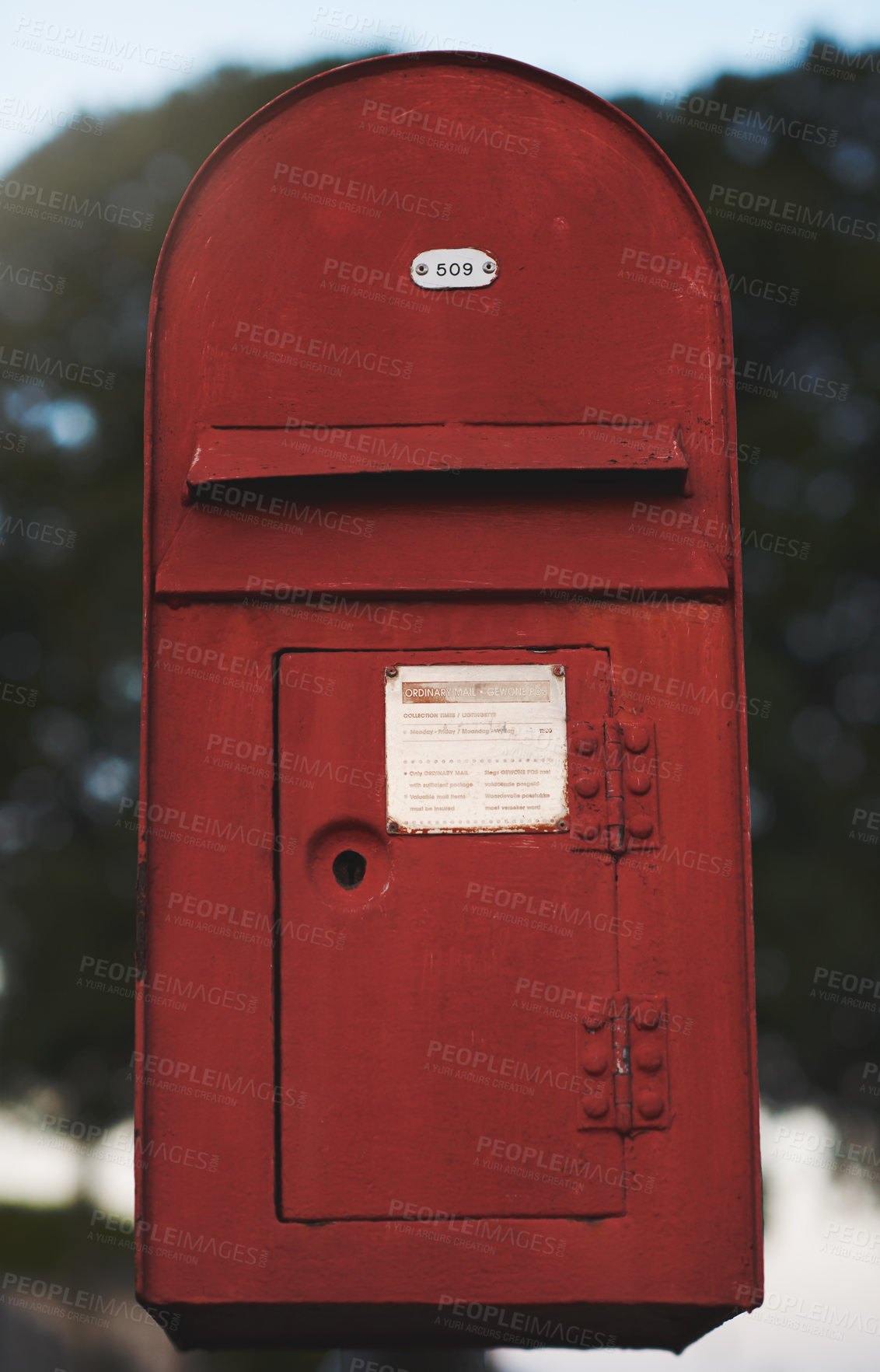 Buy stock photo Postbox, letters and mail with envelope, communication and notice for postal writing. Home, property and mortgage for document, service and information for rent or debt with private postcard or stamp