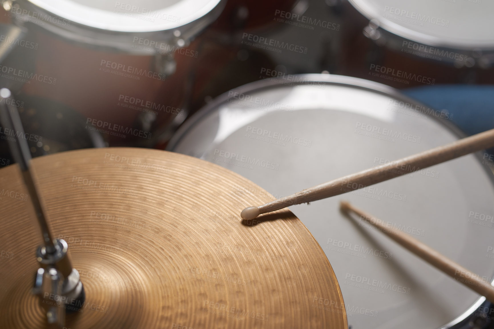 Buy stock photo Shot of a drum kit sitting in a music studio