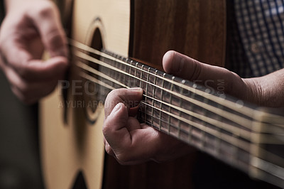 Buy stock photo Hands, home and man with guitar, talent and instrument with strings, performance and musician. Learning, closeup and person with audio, production sound or worship with creativity and solo artist