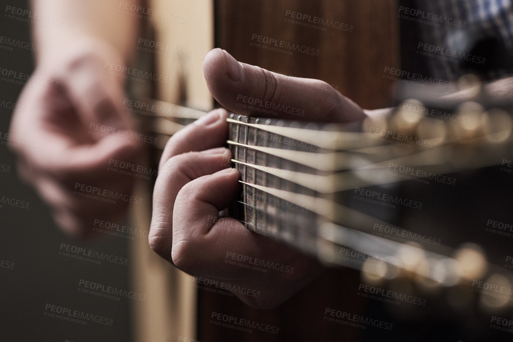 Buy stock photo Hands, home and man with guitar, creative and instrument with performance, talent and musician. Learning, closeup and person with audio, solo artist or strumming with culture, production and strings