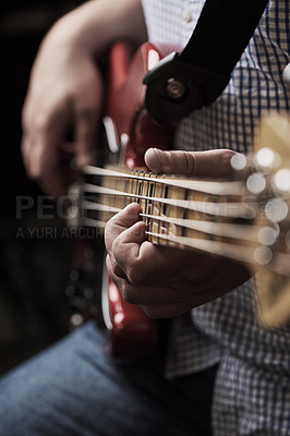 Buy stock photo Guitar, hands and music with artist person closeup in recording studio for performance or production. Practice, rehearsal and skill with musician playing instrument for band, concert or creativity