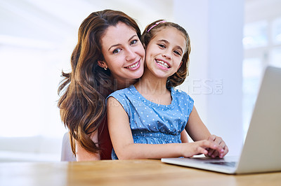 Buy stock photo Mother, girl and laptop in portrait at table, online class and remote learning or education in home. Daughter, mama and streaming media or app for development, bonding and support in childhood
