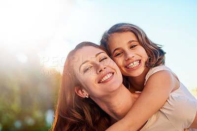 Buy stock photo Piggy back, backyard and mother with girl, portrait and bonding together with vacation, sunshine or nature. Face, single parent or mama carry daughter with fun in garden, playing or family with smile