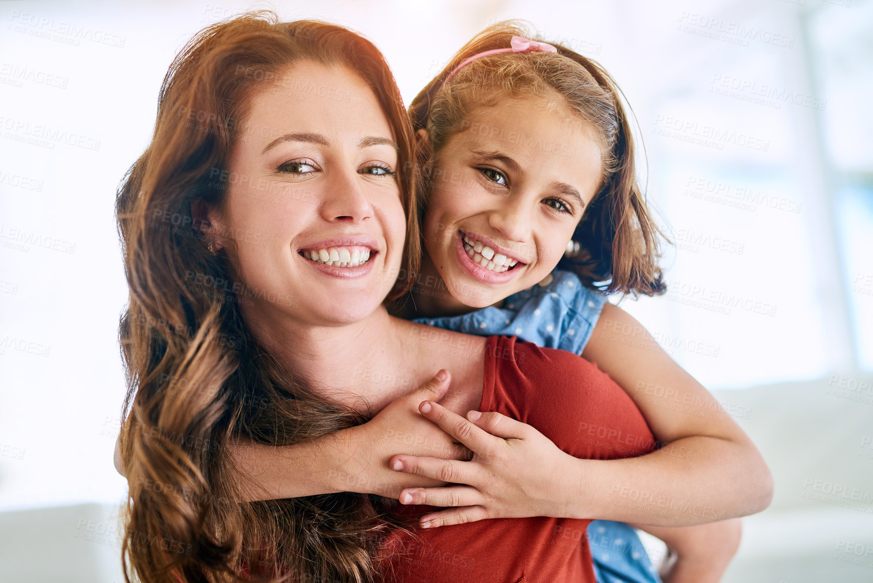 Buy stock photo Mom, girl and happy in portrait with piggyback for love, support and appreciation on mother's day. Woman, kid and happiness in living room with smile for trust, gratitude and family bonding at home