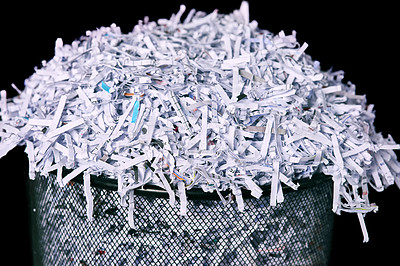 Buy stock photo Business, bin and shred of paper, report or top secret in document, information or evidence in waste. Destruction, page or classified in policy, tear and privacy with cut up trash on black background