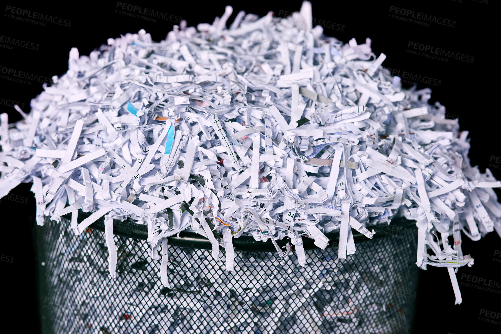 Buy stock photo Business, bin and shred of paper, report or top secret in document, information or evidence in waste. Destruction, page or classified in policy, tear and privacy with cut up trash on black background