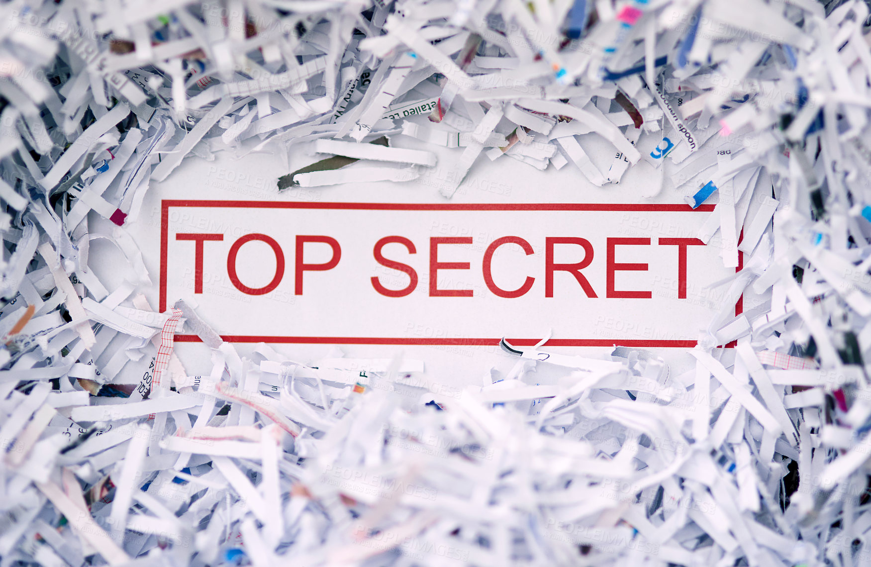 Buy stock photo Shred, top secret or words on paper, document or confidential report to clear page or evidence in waste. Destruction, information or classified in policy, tear or privacy with cut on white background