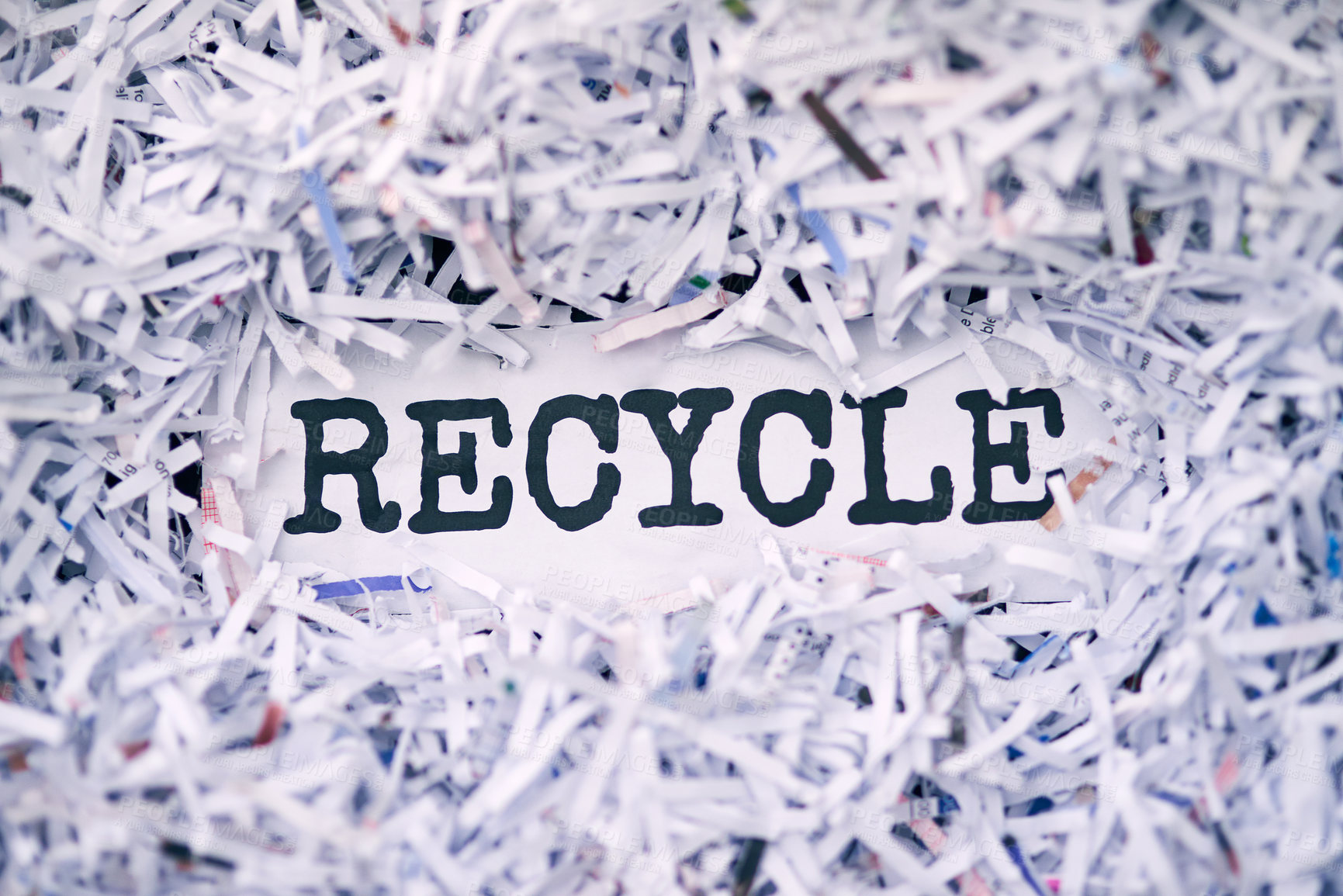 Buy stock photo Shredding, documents and trash bin for recycle in studio or office disposal of confidential waste or paper. Letter or reports, private and top secret information, rubbish and closeup of evidence