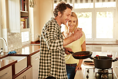 Buy stock photo Taste, smile or happy couple kitchen cooking with healthy food for lunch or dinner together at home. Eating, love or woman laughing or smiling with mature husband in meal preparation in Australia