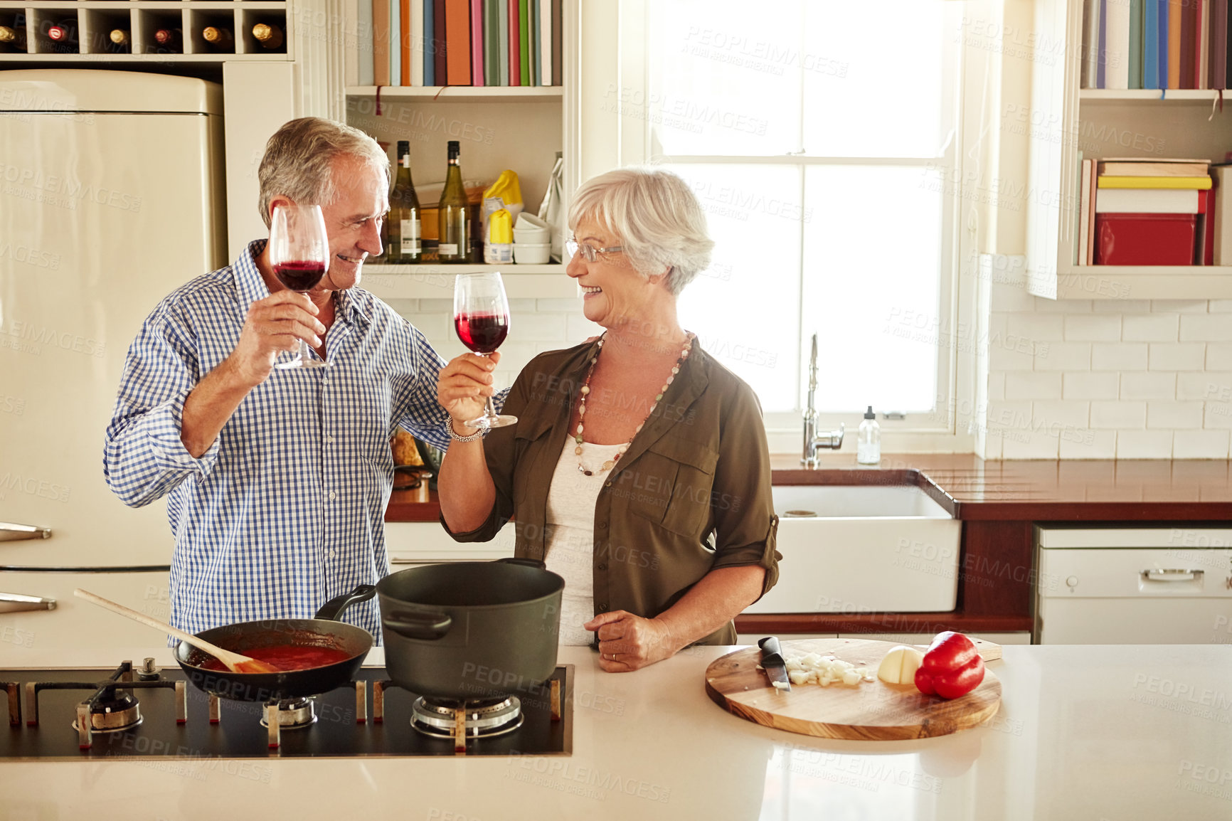 Buy stock photo Toast, wine or happy old couple cooking food for a healthy vegan diet together with love in retirement at home. Cheers or senior woman drinking in house kitchen to celebrate with husband at dinner 