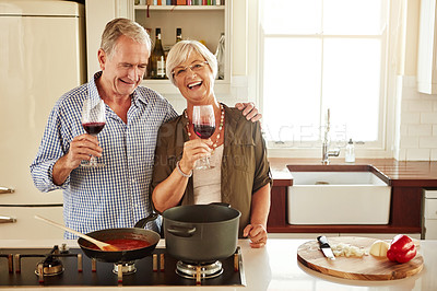 Buy stock photo Portrait, wine or happy old couple cooking food for a healthy vegan diet together with love in retirement at home. Senior woman drinking or bonding in house kitchen with mature husband at dinner