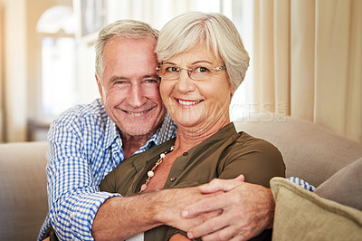 Buy stock photo Cropped portrait of a senior couple at home