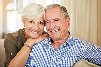 Buy stock photo Cropped portrait of a senior couple at home