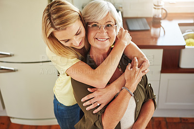 Buy stock photo Hug, woman or portrait of happy mother in kitchen bonding together with love at home in Italy. Above, embrace or adult daughter hugging or helping senior mom in family house cooking lunch or dinner