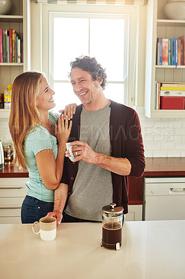 Buy stock photo Affection, coffee or happy couple laughing in kitchen at home bonding or enjoying quality time together. Embrace, hugging or above of funny mature man relaxing or drinking tea with woman at home 