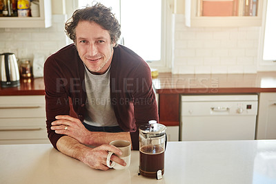 Buy stock photo Portrait, kitchen or happy man drinking coffee for breakfast for energy to start the day at home. Smile, relax or person enjoying fresh hot tea or strong espresso with caffeine in morning routine 