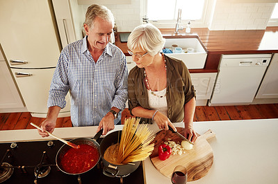 Buy stock photo Top view, happy or old couple kitchen cooking with healthy food for lunch or dinner together at home. Love, help or senior woman smiling or talking to mature husband in meal preparation in retirement