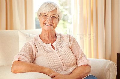 Buy stock photo Cropped portrait of a senior woman at home