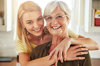 Buy stock photo Cropped portrait of a senior woman and her adult daughter at home