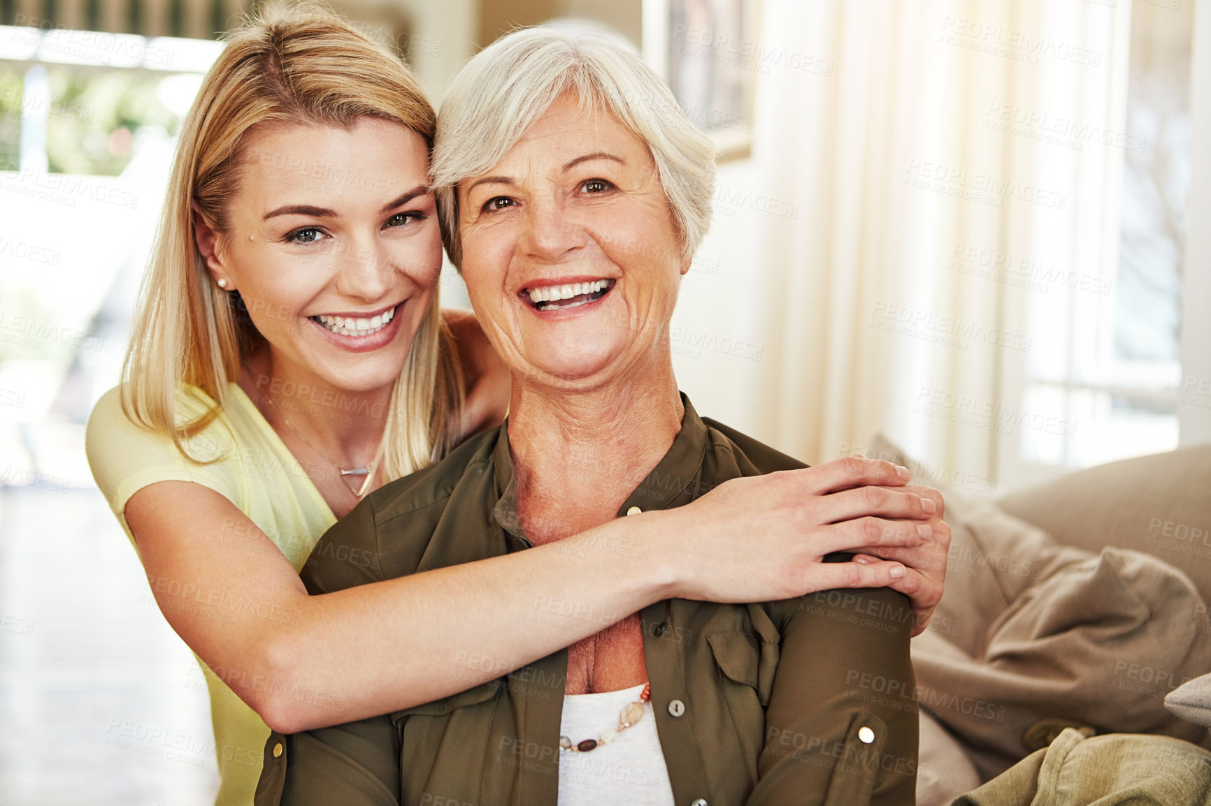 Buy stock photo Woman, elderly mom and hug in portrait for retirement support, care and home in living room. Senior parent, adult daughter and embrace on sofa for love, appreciation and happy at mothers day visit