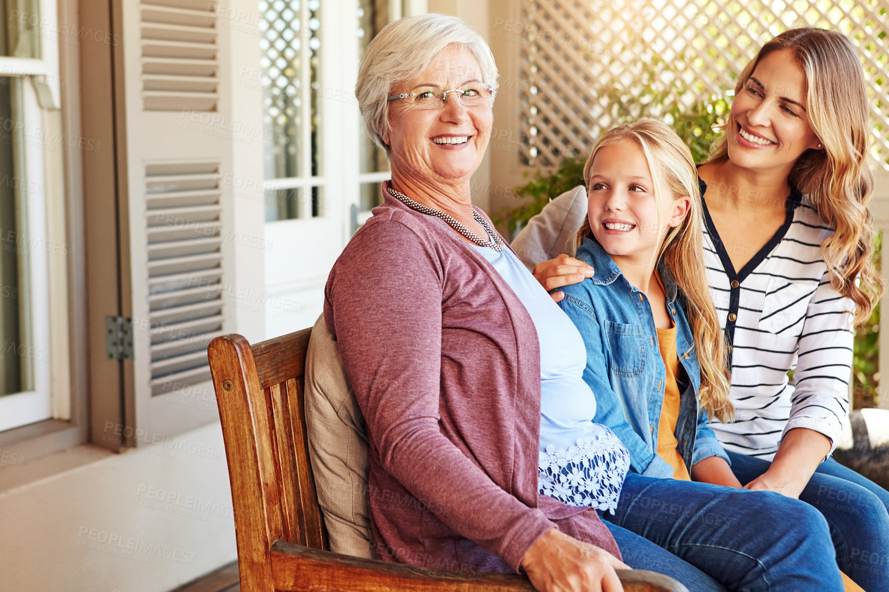 Buy stock photo Women, portrait and family generations outdoor with mother, grandmother and child together on patio. Backyard, smile and bonding with love, care and trust with grandma and thanksgiving reunion