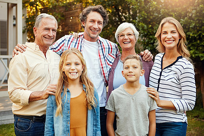Buy stock photo Cropped portrait of a family of six standing outside