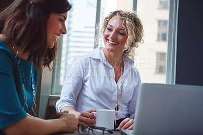 Buy stock photo Happy team, laptop and business women planning, brainstorming ideas and creative solution in startup office. Computer, product manager and discussion for project feedback or development in meeting