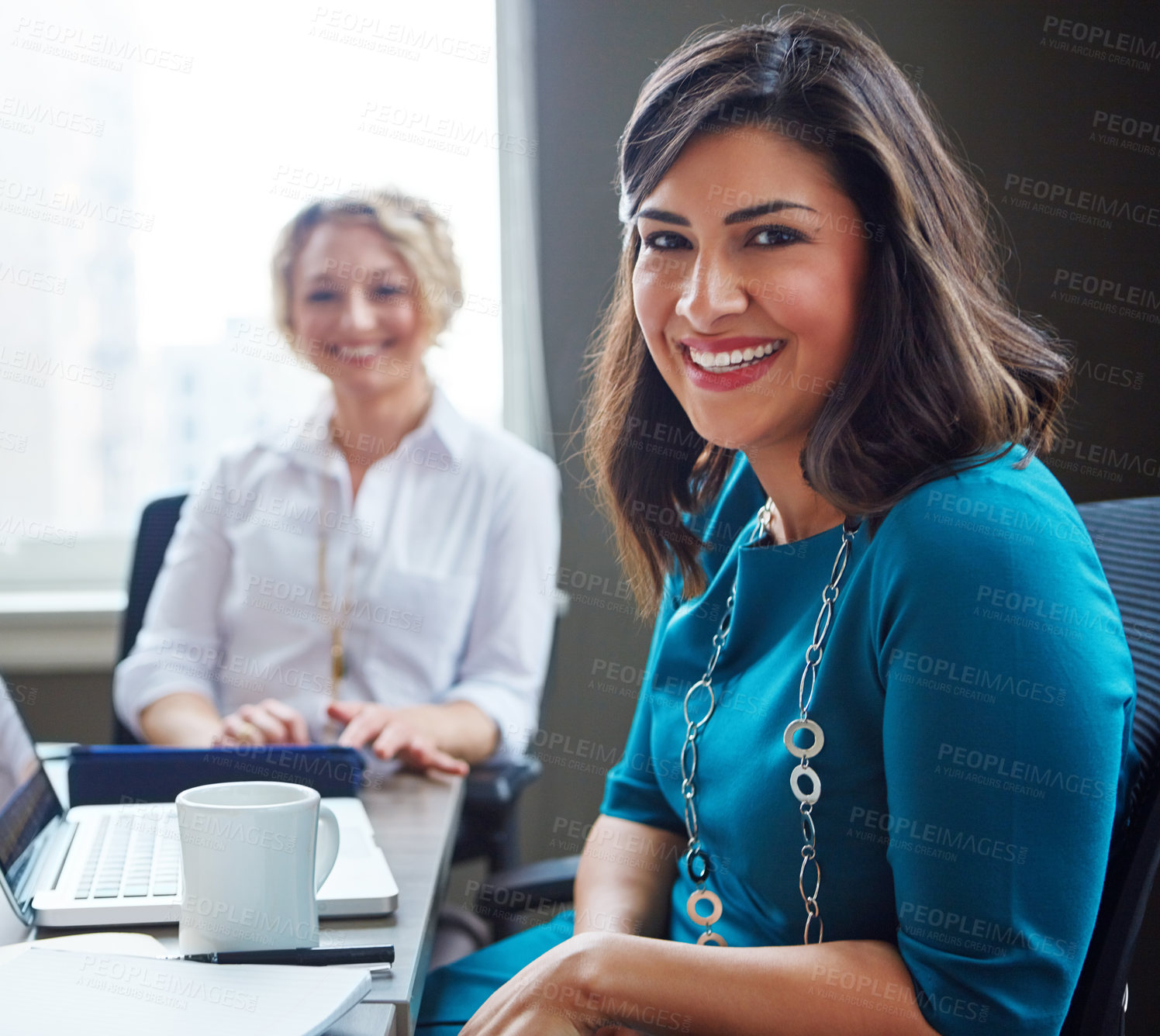 Buy stock photo Portrait of two businesswomen having a meeting together in an office